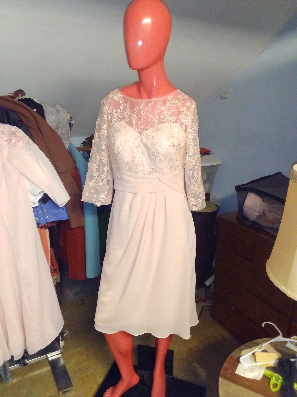 Soft Pink Lace Midi Dress with Sheer Embroidered Bodice